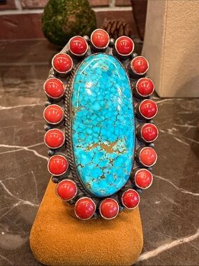 Mediterranean Red coral and Birdseye Kingman Turquoise Ring, Peterson Johnson